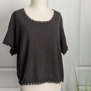 Nation LTD Top Tee Short Sleeve Cropped Cotton Alpaca Knit Frayed Black L NWT